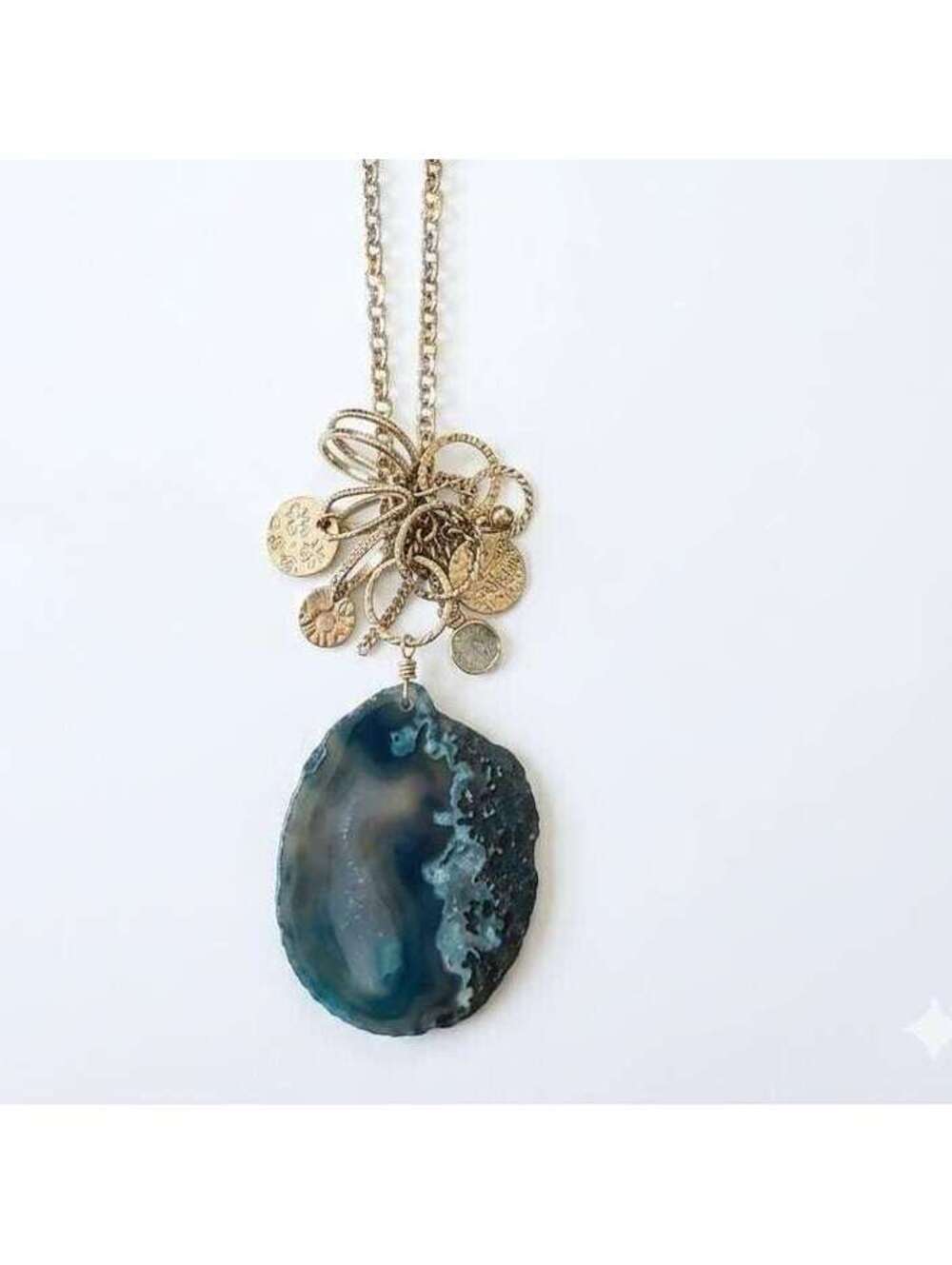 Vintage Gold Tone Long Statement Necklace Blue Agate Slice Pendant Coin Charms